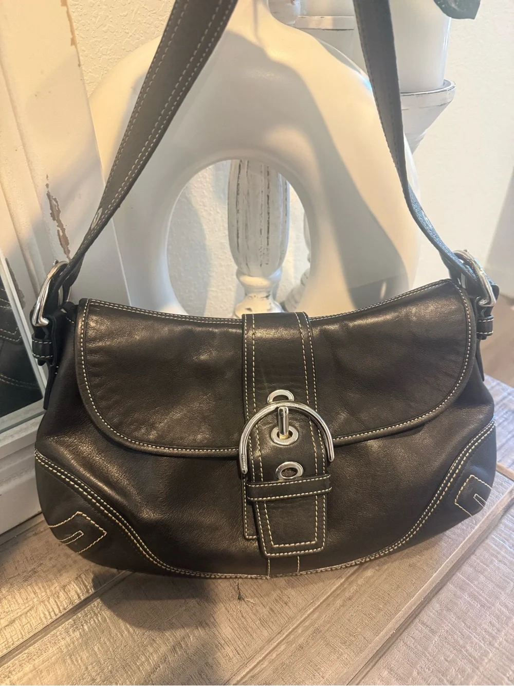 Coach F10192 Black Shoulder Leather Bag with Silver Buckle